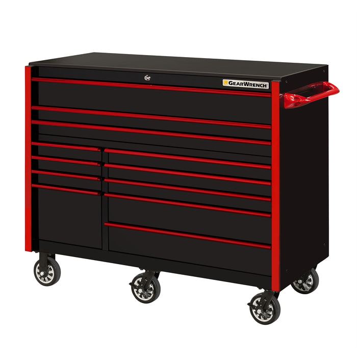 55in 12-Drawer Roller Cabinet, Black-Red Handles