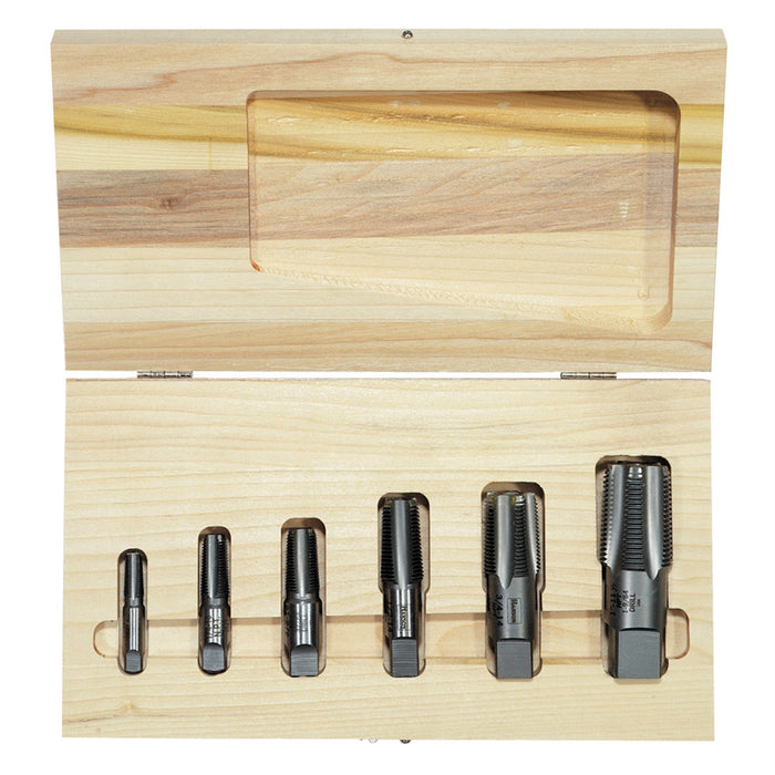 6 PC. SET  -  NPT THREADS  -  WOODEN CASE HCS TAPER PIPE TAP SET