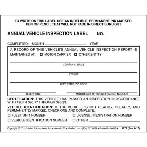 Annual Vehicle Inspection Label - Vinyl w/ Mylar L